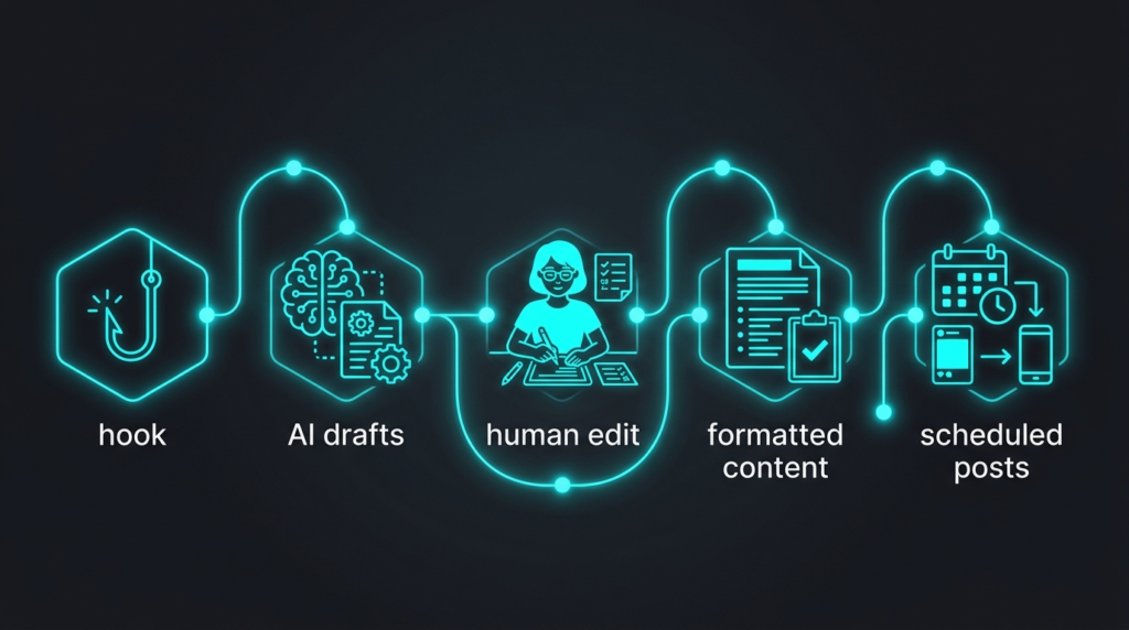 Illustration of The 30-Minute Content Machine workflow fixing affiliate content creation problems