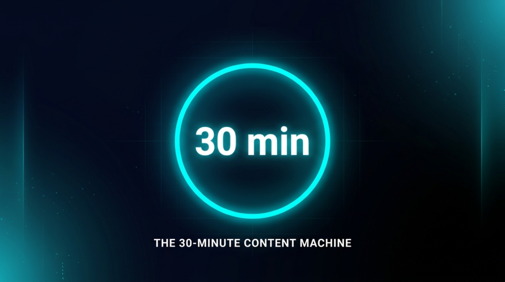 The 30-Minute Content Machine timer graphic showing fast AI content creation system