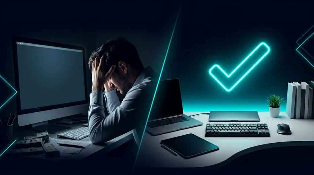 Illustration showing the difference between hype-filled affiliate tool reviews and honest, useful reviews that actually help marketers make better decisions