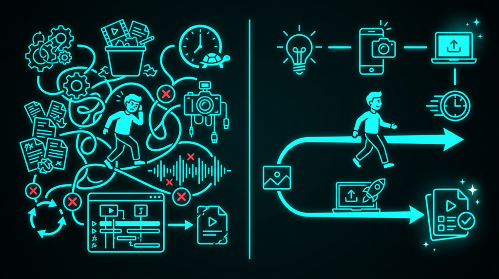 Before and after comparison showing the old slow content creation process versus the fast 30-Minute Content Machine workflow