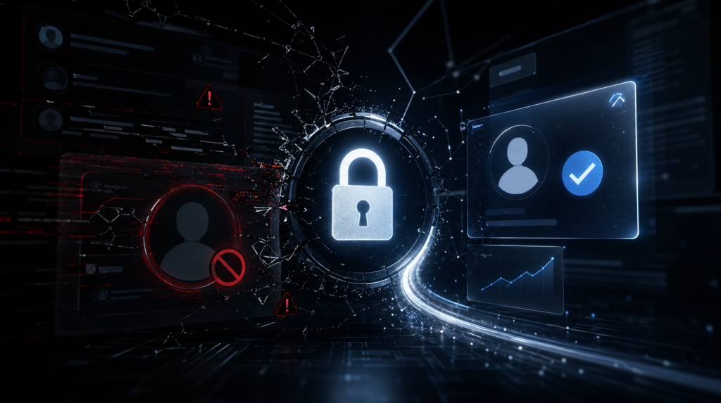 Locked social media account with system warning and reinstatement concept