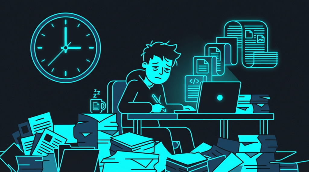 Illustration representing old-school affiliate marketing content creation burnout and frustration