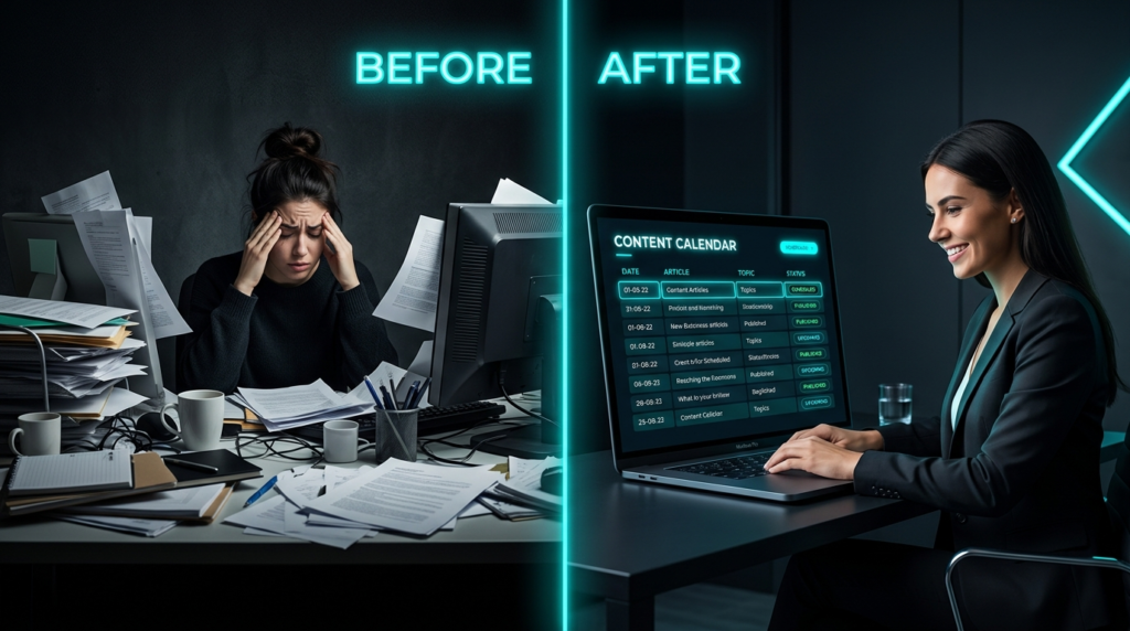 Before and after comparison showing the transformation from chaotic content creation to organized results using The 30-Minute Content Machine