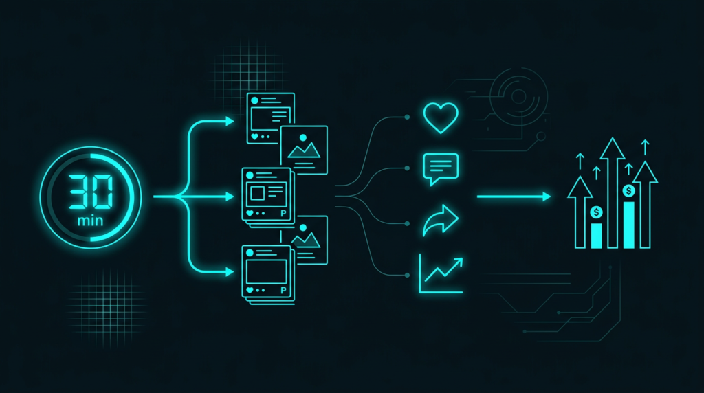Timeline illustration showing how The 30-Minute Content Machine delivers fast results from a single 30-minute session