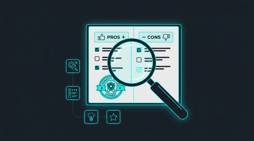 Illustration representing what makes a good affiliate tool review: clear pros and cons, real workflow testing, and honest evaluation