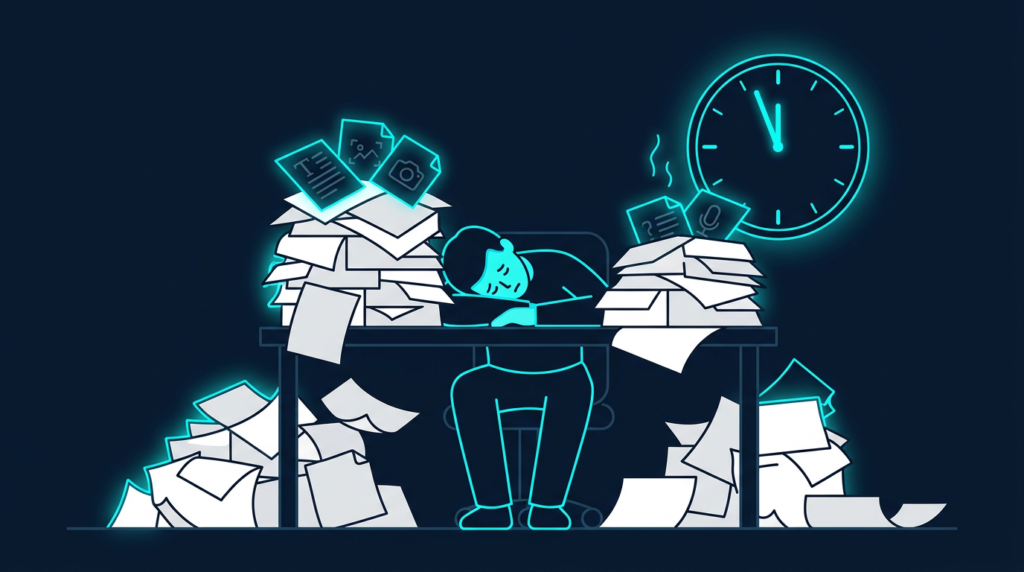 Illustration representing content creation ramp-up time and burnout with a person buried under papers and a slow clock