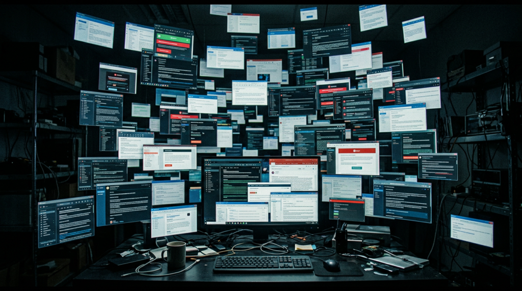 Dark room filled with overlapping promotional email windows and digital message chaos