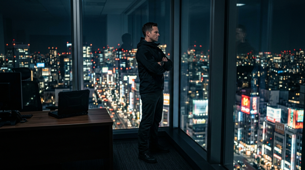 Lone operator overlooking a city at night in a calm moment of strategic control