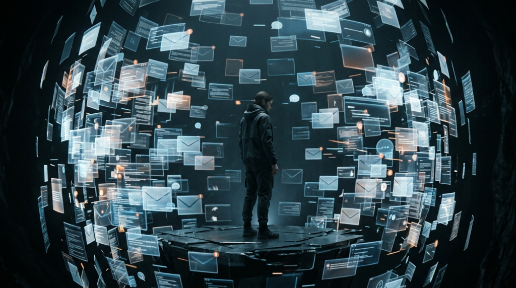 Calm digital operator in a dark luxury penthouse overlooking a city skyline with layered email reflections