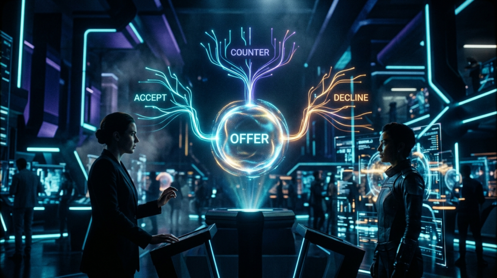 digital negotiation concept showing domain offer and counter decision process