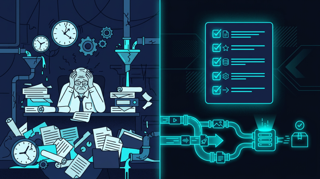 Comparison of chaotic old-school content creation versus the clean, repeatable systems of The Vegas Protocol