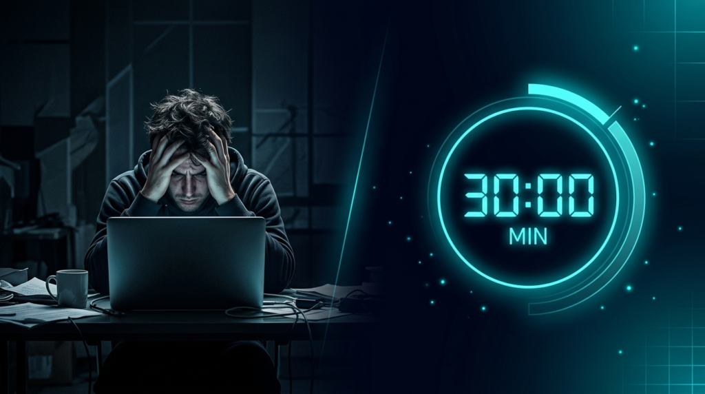 Hero image showing the struggle of old-school affiliate content creation versus The 30-Minute Content Machine system