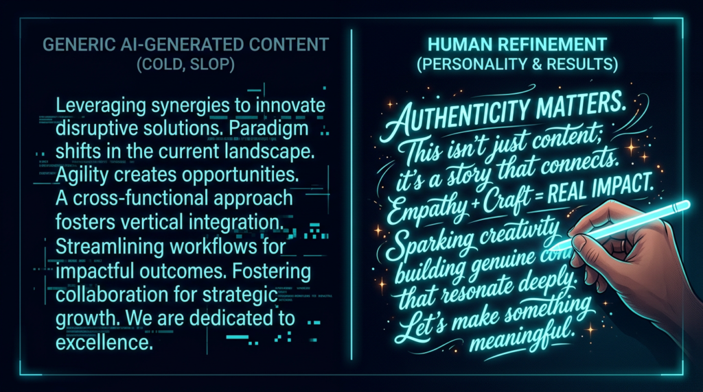 Human-Driven AI – The Vegas Protocol difference: AI generates volume while a human refines it into authentic, high-converting content