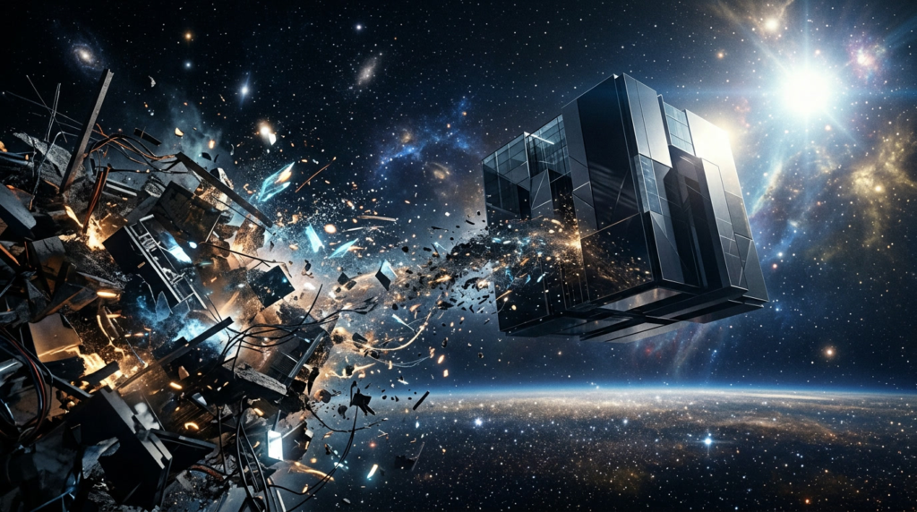 Chaotic environment dissolving into a solid structure representing strategic thinking