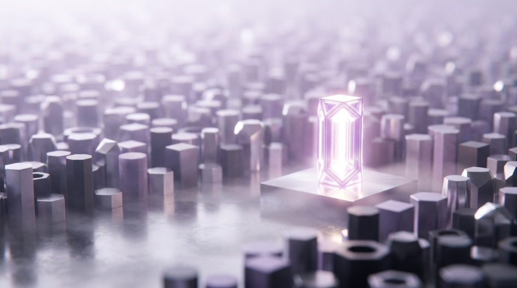 Single sharp glowing shape standing apart from blurred repeated shapes to represent positioning
