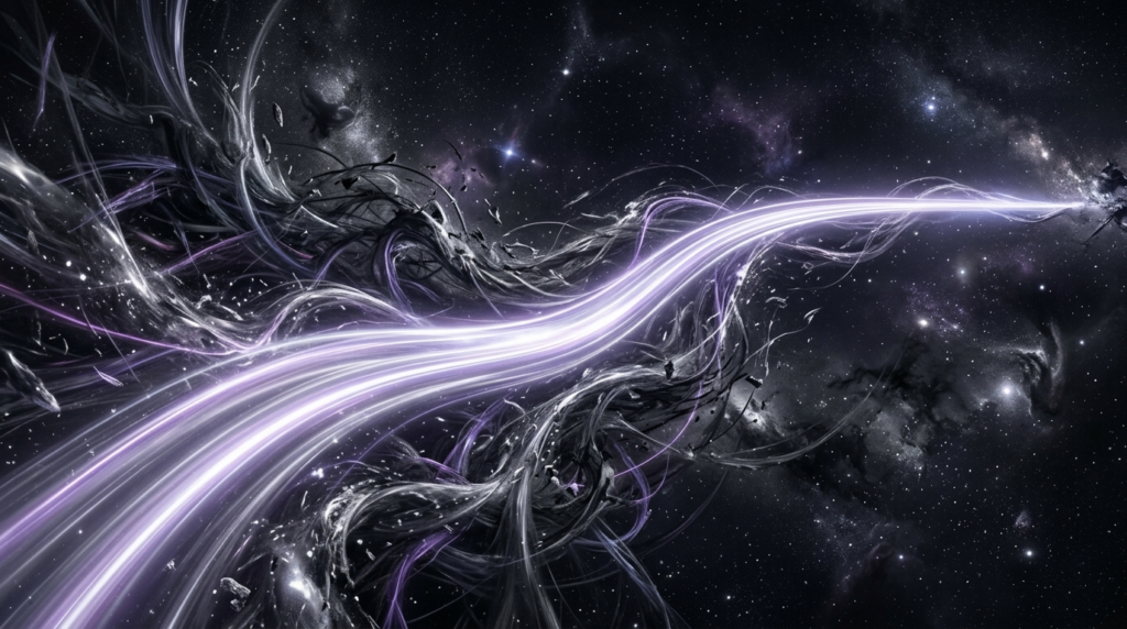Clean glowing current moving through open space while chaotic currents struggle around it