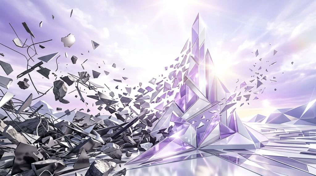 Fragmented noisy landscape forming into a clean structure to represent strategic clarity