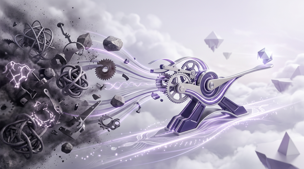 Chaotic environment reorganizing into a clean mechanism that moves with little force