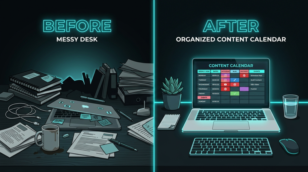 Before and after comparison of content creation workflow using The 30-Minute Content Machine