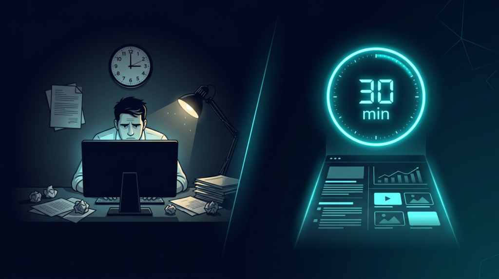 Illustration showing the difference between slow, frustrating old-school content creation and fast results using The 30-Minute Content Machine