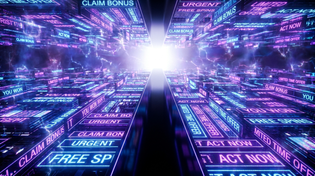 Surreal casino-like landscape made of glowing promotional messages and bonus claims with a clear path through the chaos