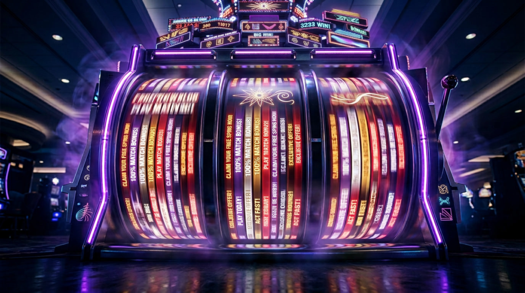 Slot machine with repeating promotional messages symbolizing endless affiliate promotion without results