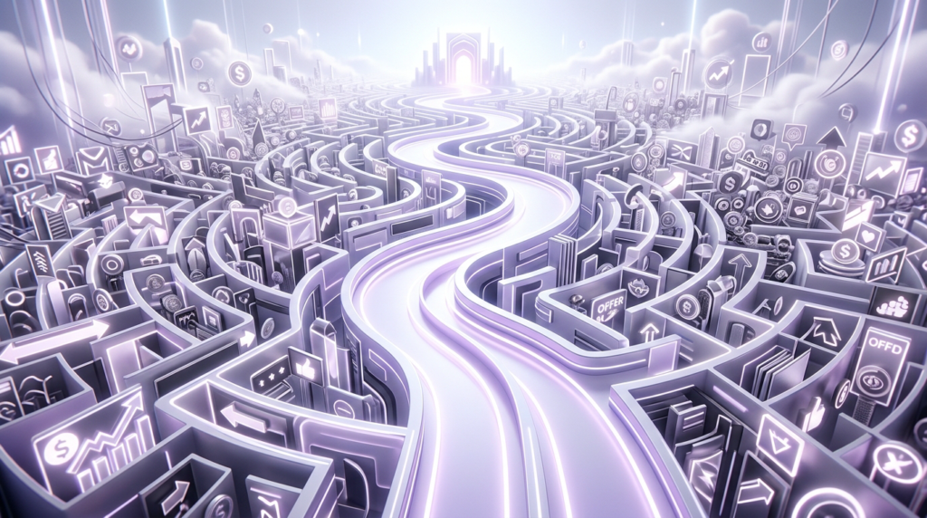 Surreal glowing maze of promotional paths representing choosing the right affiliate offer