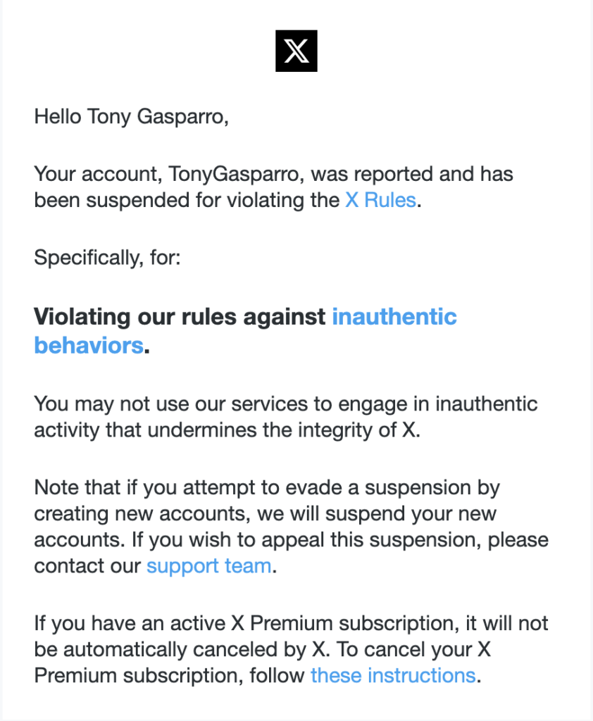 X account suspended email inauthentic behavior Tony Gasparro