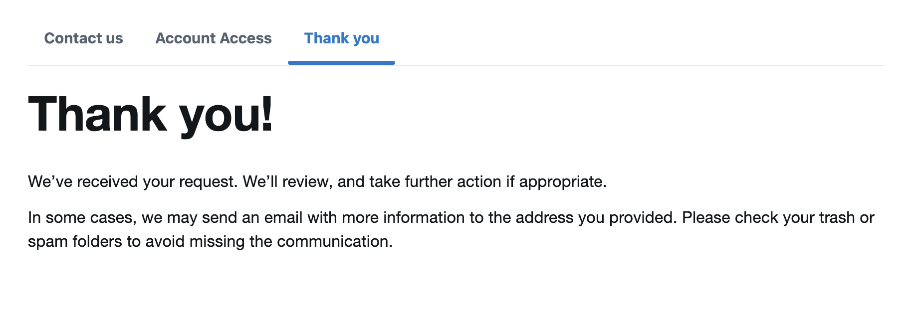 X appeal submission confirmation thank you screen