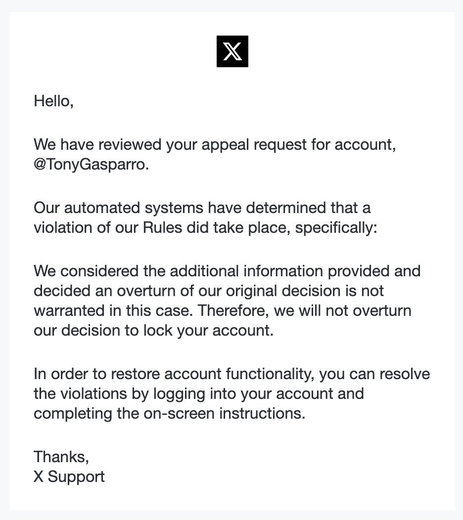 X appeal rejected email will not overturn decision