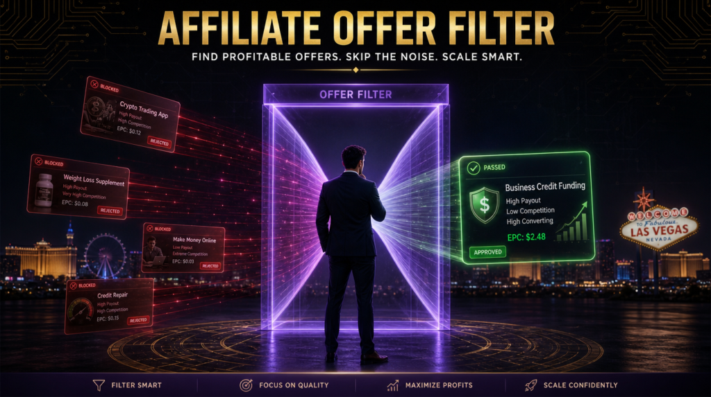 How to evaluate affiliate opportunities before promoting them - strategic filter framework with purple digital gate
