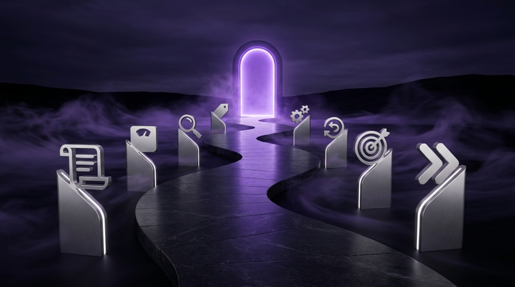 Surreal violet affiliate recommendation pathway with silver trust markers representing affiliate page trust signals.