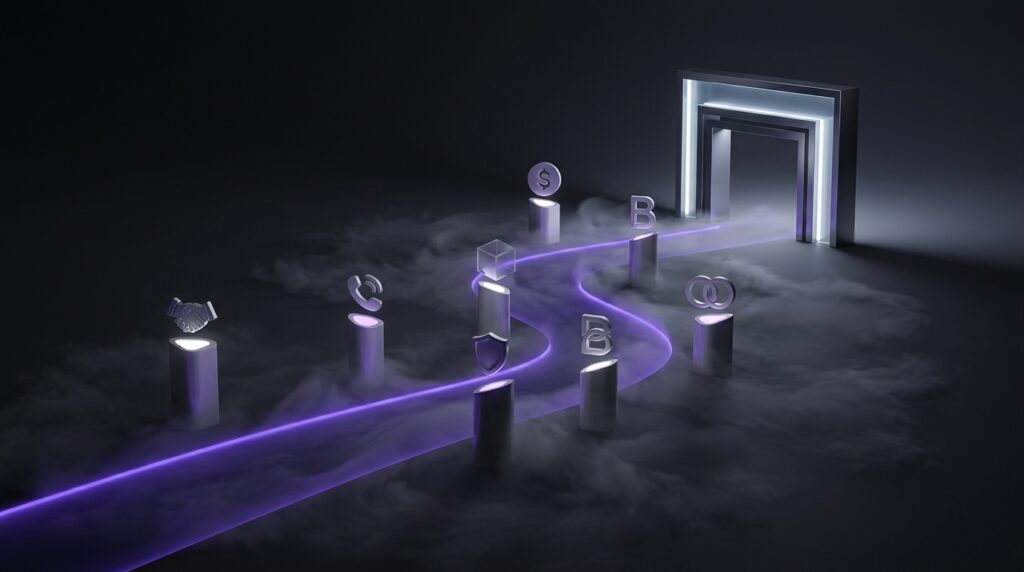 Surreal violet pathway with silver trust markers representing buyer trust signals and reduced decision resistance.