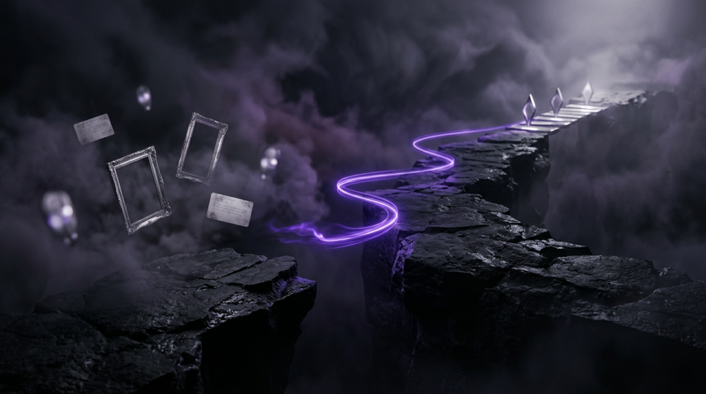 Surreal violet decision path interrupted by missing proof markers, representing buyer hesitation when evidence is absent.