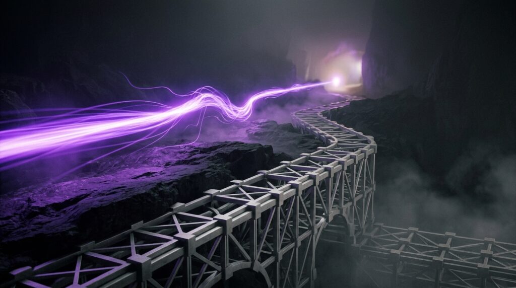 Surreal violet persuasion signal supported by a silver trust infrastructure framework, representing the difference between persuasion and buyer confidence.
