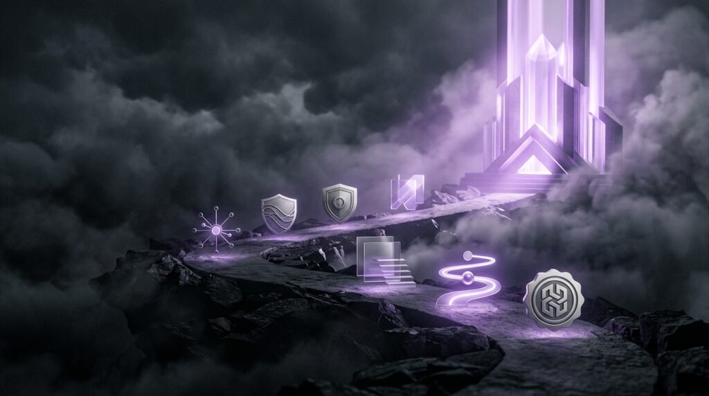 Surreal violet trust structure with silver markers representing contact information, guarantees, support clarity, and reduced buyer risk.