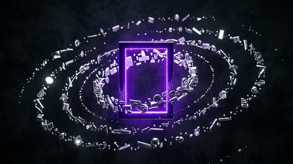 Surreal violet offer frame surrounded by silver social proof signals, representing social proof shaping buyer belief before the pitch.