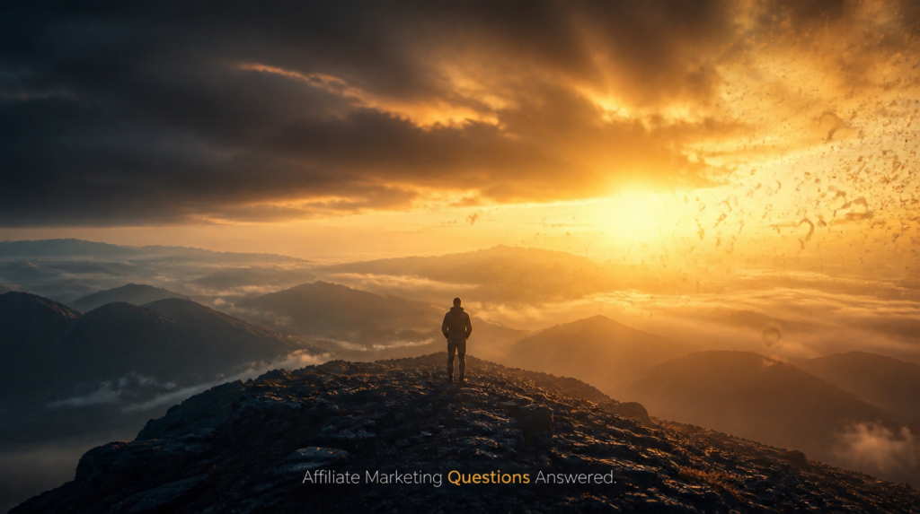 Epic cinematic image of a lone figure standing on a vast ridge at sunrise with dramatic golden light breaking through heavy clouds, representing clarity from affiliate marketing questions. Minimal text overlay reads: Affiliate Marketing Questions Answered.