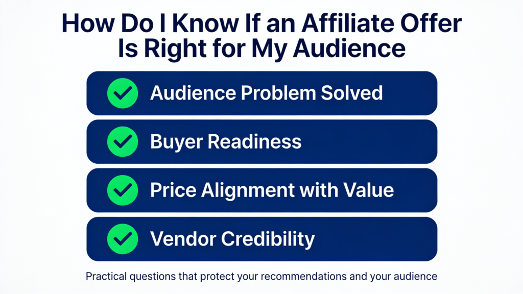 Minimalist featured image for a blog post showing a clean checklist graphic with simple icons and green checkmarks for audience fit criteria including recognized problem, buyer readiness, price alignment, and vendor credibility. Bold text overlay at the top reads: How Do I Know If an Affiliate Offer Is Right for My Audience. Professional design with deep blue and green accents on a clean white background.