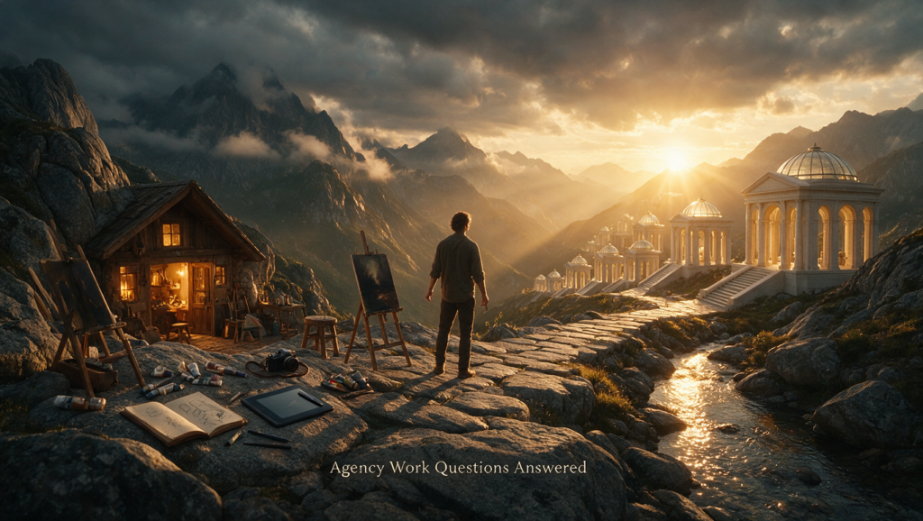 Epic cinematic image of a lone creator at the center of a vast landscape during the transition from scattered solo work to clean structured agency systems, with dramatic light breaking through. Minimal text overlay reads: Agency Work Questions Answered.