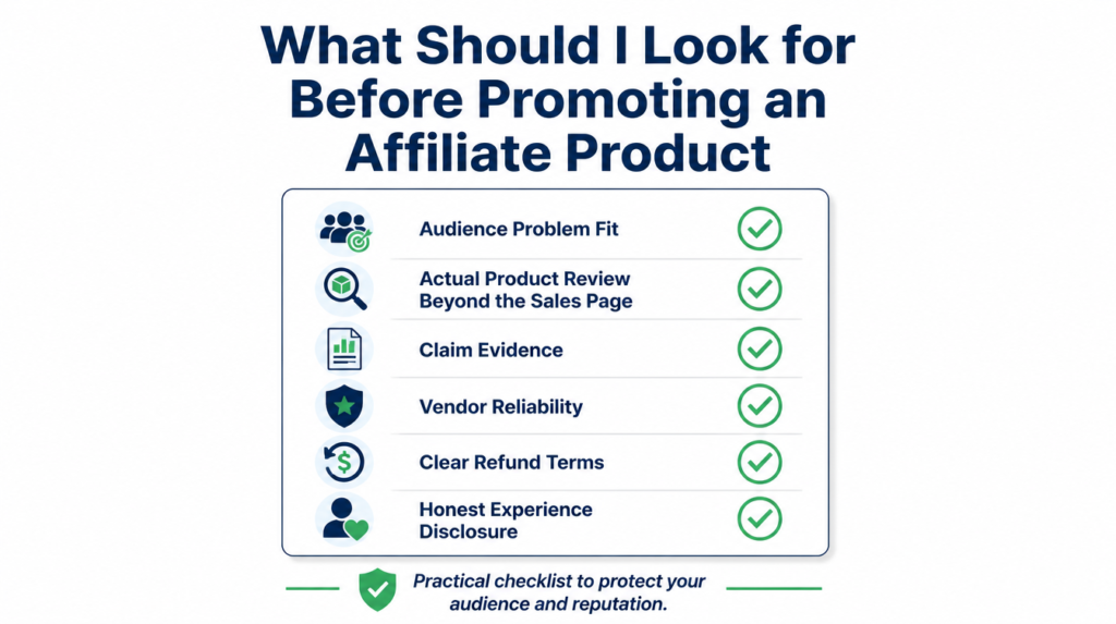 Clean minimalist featured image showing a checklist graphic with icons and green checkmarks for evaluating an affiliate product before promotion, covering audience fit, proof, vendor reliability, clear terms, and honest disclosure. Bold text overlay reads: What Should I Look for Before Promoting an Affiliate Product.