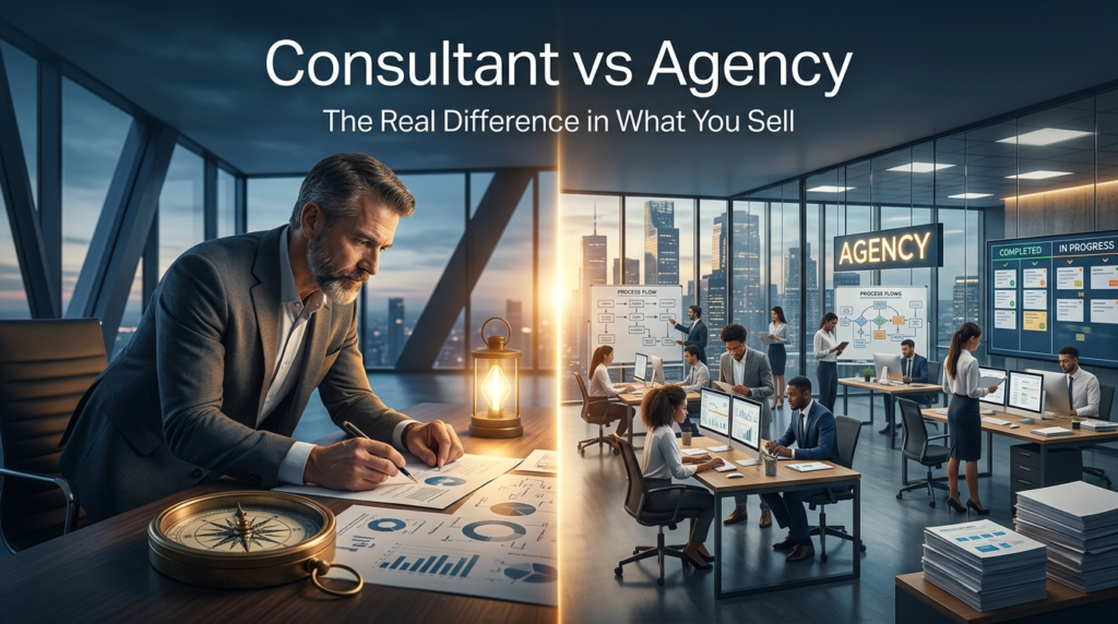 Epic cinematic split image showing a strategic advisor on the left and a powerful operational execution system on the right, representing the core difference between consultant and agency models. Clean text overlay reads: Consultant vs Agency. The Real Difference in What You Sell.