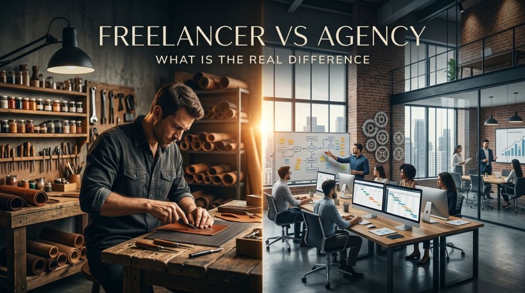 Epic cinematic split image showing a lone skilled individual on the left in a hands-on workspace and a powerful interconnected operational system on the right, representing the core difference between freelancer and agency models. Clean text overlay reads: Freelancer vs Agency. What Is the Real Difference.