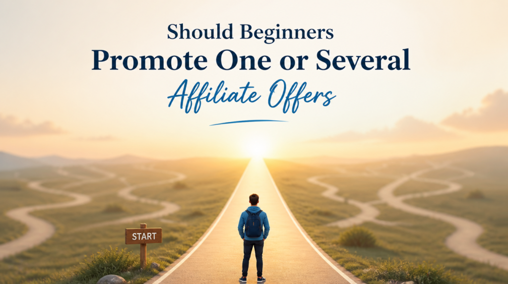 Clean illustrative featured image showing a single clear path forward with faint scattered paths blurred in the background, representing focus on one affiliate offer for beginners. Minimal text overlay reads: Should Beginners Promote One or Several Affiliate Offers.