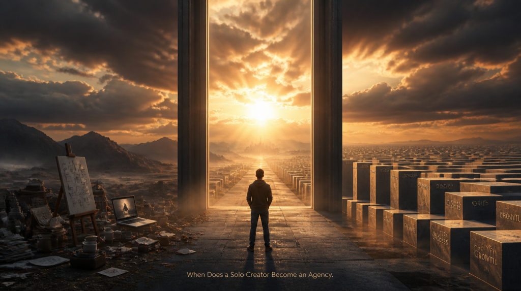 Epic cinematic image of a lone creator standing at a vast threshold on a dramatic landscape, with scattered creative chaos on one side and emerging clean repeatable structures on the other, symbolizing the shift to agency responsibility. Minimal text overlay reads: When Does a Solo Creator Become an Agency.