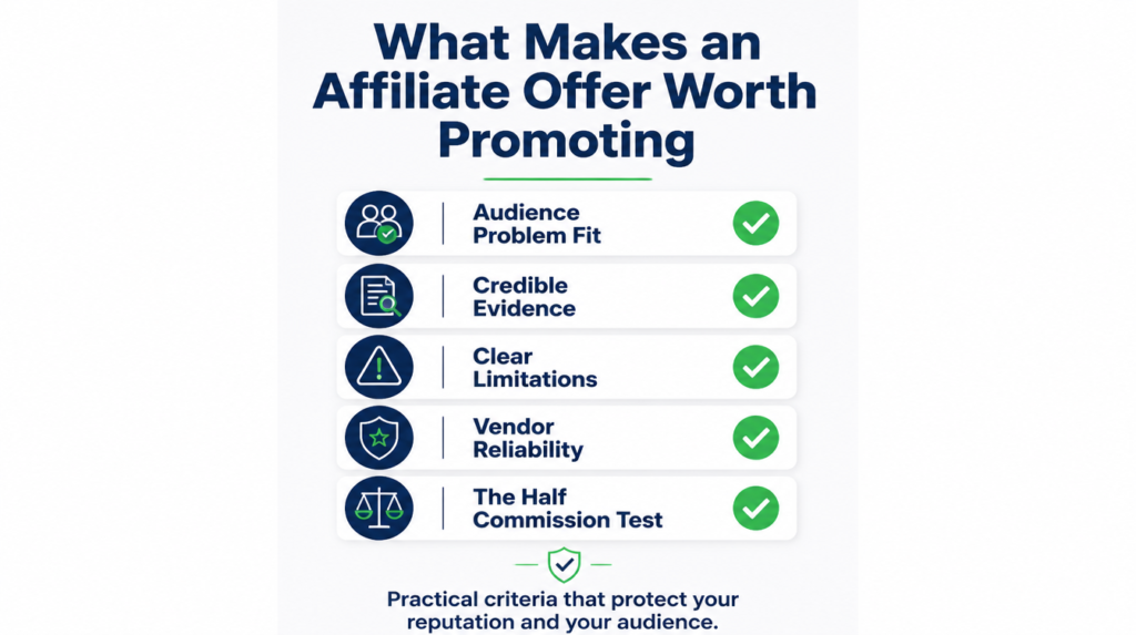 Clean minimalist featured image showing a decision framework graphic with icons and green checkmarks for evaluating if an affiliate offer is worth promoting, including audience fit, evidence, limitations, vendor reliability, and the half commission test. Bold text overlay reads: What Makes an Affiliate Offer Worth Promoting.