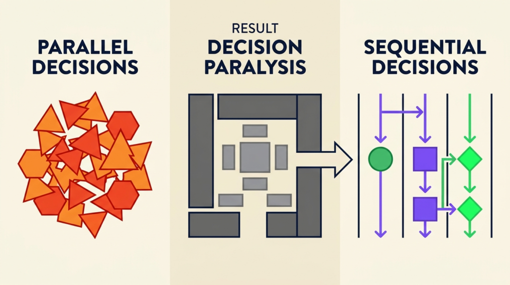 Three-stage diagram showing the shift from parallel decisions (causing paralysis) to sequential decisions (enabling output), with colors moving from orange (conflict) through gray (blockage) to violet (resolution).